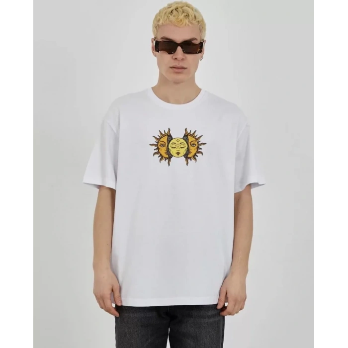 MARSiLYAN- Unisex Bisiklet Yaka Baskılı Oversize T-Shirt - Beyaz
