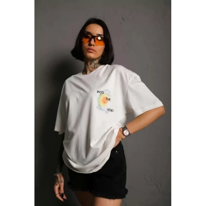 MARSiLYAN- Unisex Bisiklet Yaka Baskılı Oversize T-Shirt - Beyaz