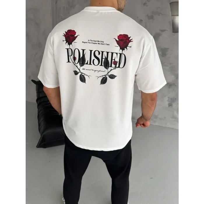 MARSiLYAN- Unisex Bisiklet Yaka Baskılı Oversize T-Shirt - Beyaz