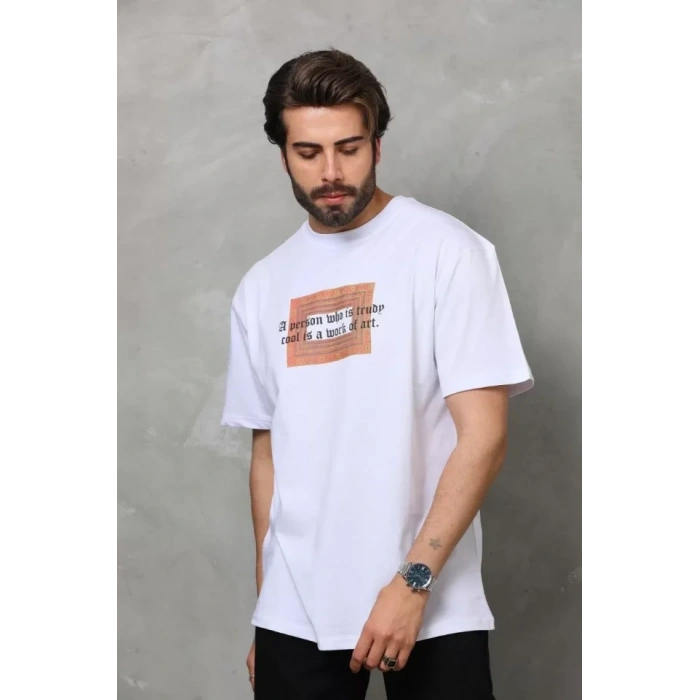 MARSiLYAN- Unisex Bisiklet Yaka Baskılı Oversize T-Shirt - Beyaz