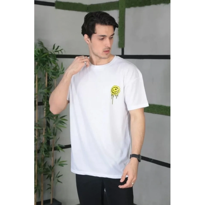 MARSiLYAN- Unisex Bisiklet Yaka Baskılı Oversize T-Shirt - Beyaz
