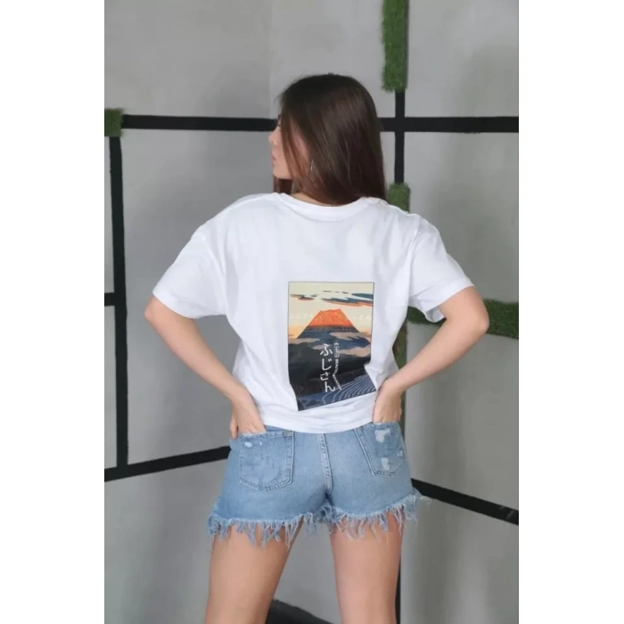 MARSiLYAN- Unisex Bisiklet Yaka Baskılı Oversize T-Shirt- Beyaz