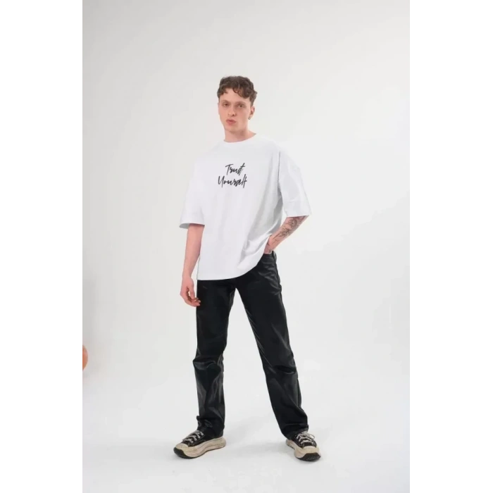 MARSiLYAN- Unisex Bisiklet Yaka Baskılı Oversize T-Shirt - Beyaz