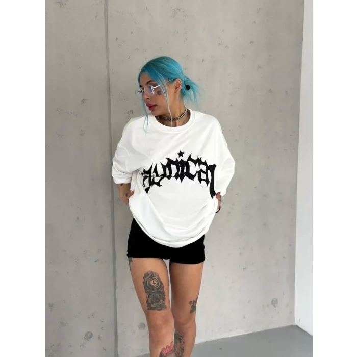 MARSiLYAN- Unisex Bisiklet Yaka Baskılı Oversize T-Shirt - Beyaz