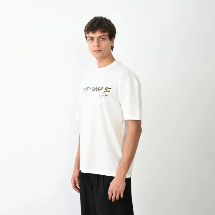 MARSiLYAN- Unisex Bisiklet Yaka Baskılı Oversize T-Shirt - Beyaz