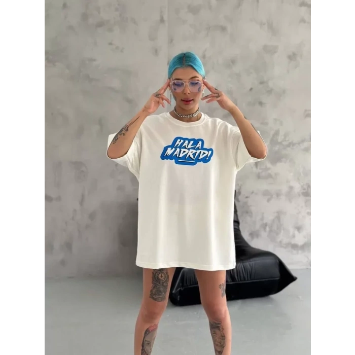 MARSiLYAN- Unisex Bisiklet Yaka Baskılı Oversize T-Shirt - Beyaz