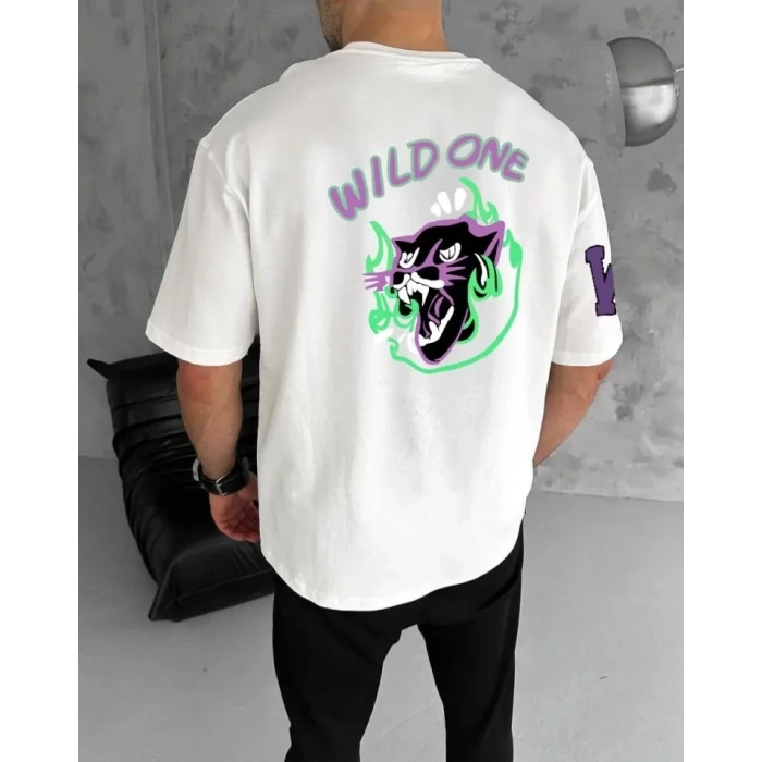 MARSiLYAN- Unisex Bisiklet Yaka Baskılı Oversize T-Shirt - Beyaz