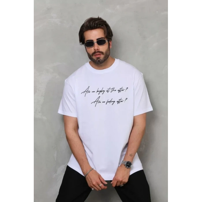 MARSiLYAN- Unisex Bisiklet Yaka Baskılı Oversize T-Shirt - Beyaz