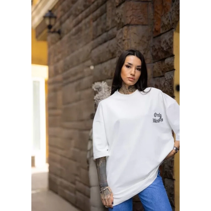MARSiLYAN- Unisex Bisiklet Yaka Baskılı Oversize T-Shirt - Beyaz