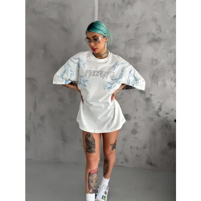 MARSiLYAN- Unisex Bisiklet Yaka Baskılı Oversize T-Shirt - Beyaz