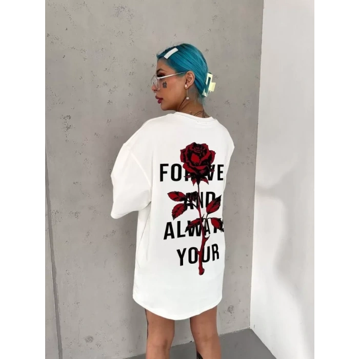 MARSiLYAN- Unisex Bisiklet Yaka Baskılı Oversize T-Shirt - Beyaz