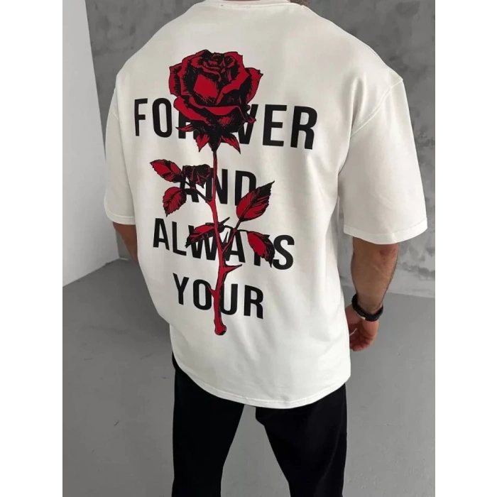 MARSiLYAN- Unisex Bisiklet Yaka Baskılı Oversize T-Shirt - Beyaz