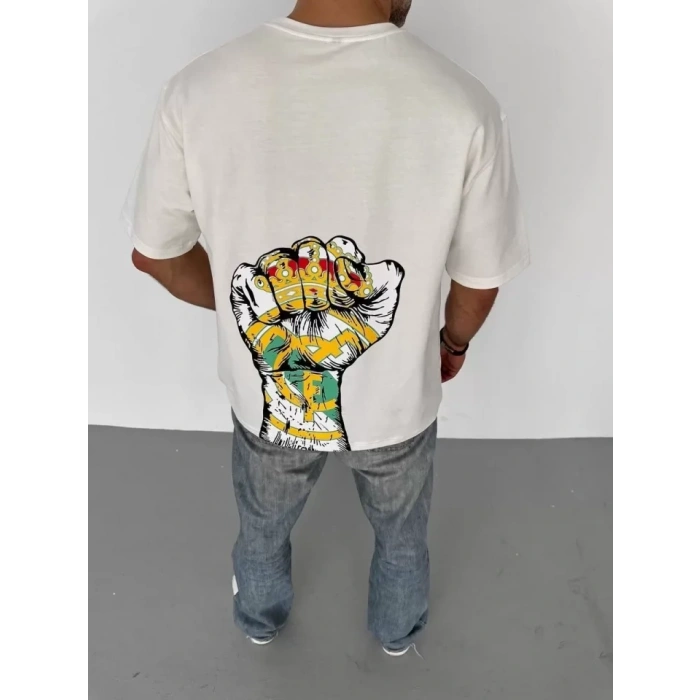 MARSiLYAN- Unisex Bisiklet Yaka Baskılı Oversize T-Shirt - Beyaz