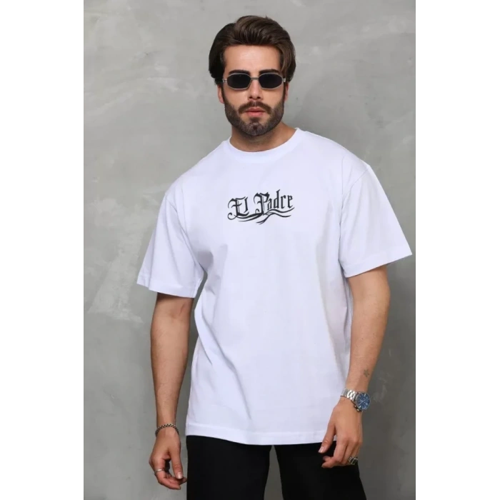 MARSiLYAN- Unisex Bisiklet Yaka Baskılı Oversize T-Shirt - Beyaz