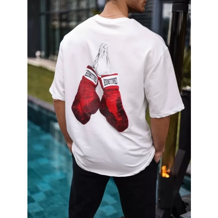 MARSiLYAN- Unisex Bisiklet Yaka Baskılı Oversize T-Shirt - Beyaz