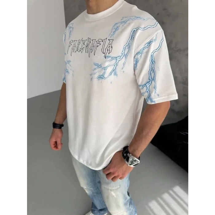 MARSiLYAN- Unisex Bisiklet Yaka Baskılı Oversize T-Shirt - Beyaz