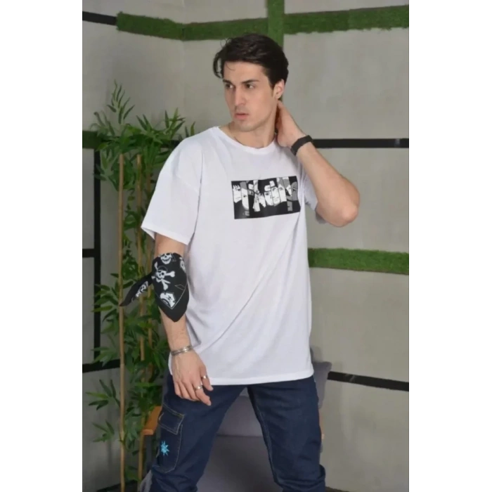 MARSiLYAN- Unisex Bisiklet Yaka Baskılı Oversize T-Shirt - Beyaz