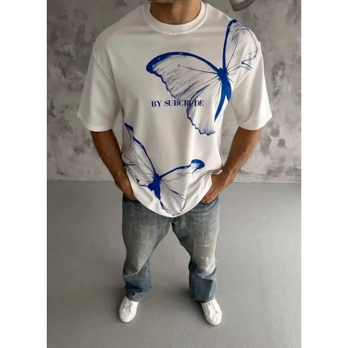 MARSiLYAN- Unisex Bisiklet Yaka Baskılı Oversize T-Shirt - Beyaz