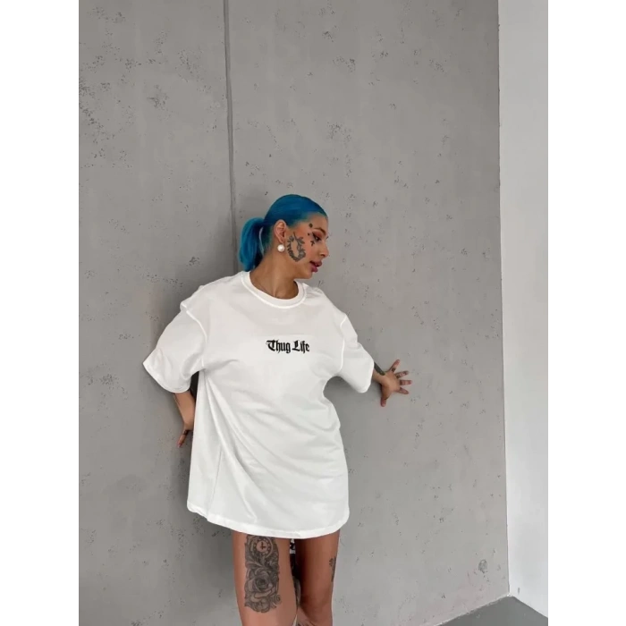 MARSiLYAN- Unisex Bisiklet Yaka Baskılı Oversize T-Shirt - Beyaz