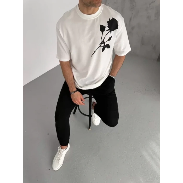 MARSiLYAN- Unisex Bisiklet Yaka Baskılı Oversize T-Shirt - Beyaz