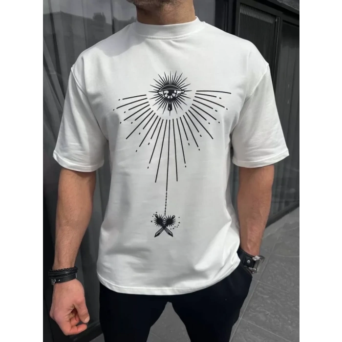 MARSiLYAN- Unisex Bisiklet Yaka Baskılı Oversize T-Shirt - Beyaz