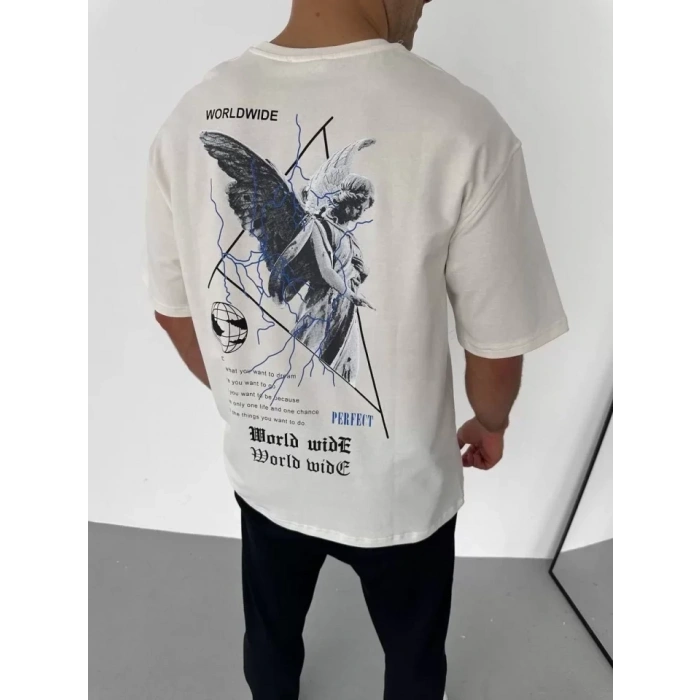 MARSiLYAN- Unisex Bisiklet Yaka Baskılı Oversize T-Shirt - Beyaz