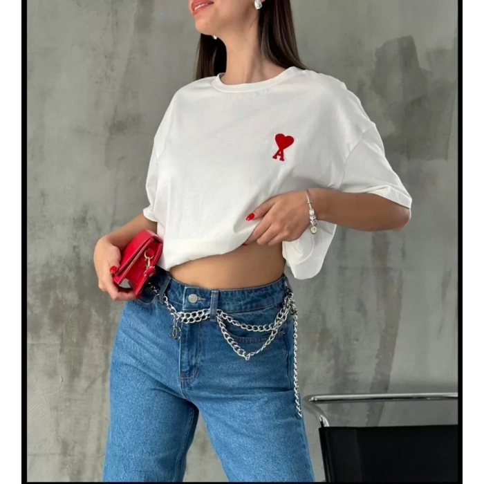 MARSiLYAN- Unisex Bisiklet Yaka Baskılı Oversize T-Shirt - Beyaz