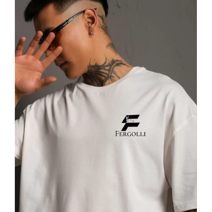 MARSiLYAN- Unisex Bisiklet Yaka Baskılı Oversize T-Shirt - Beyaz