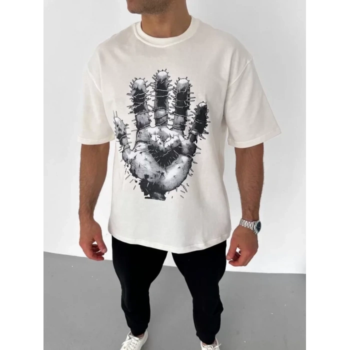 MARSiLYAN- Unisex Bisiklet Yaka Baskılı Oversize T-Shirt - Beyaz
