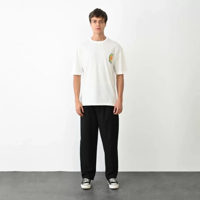 MARSiLYAN- Unisex Bisiklet Yaka Baskılı Oversize T-Shirt - Beyaz