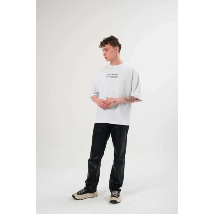 MARSiLYAN- Unisex Bisiklet Yaka Baskılı Oversize T-Shirt - Beyaz