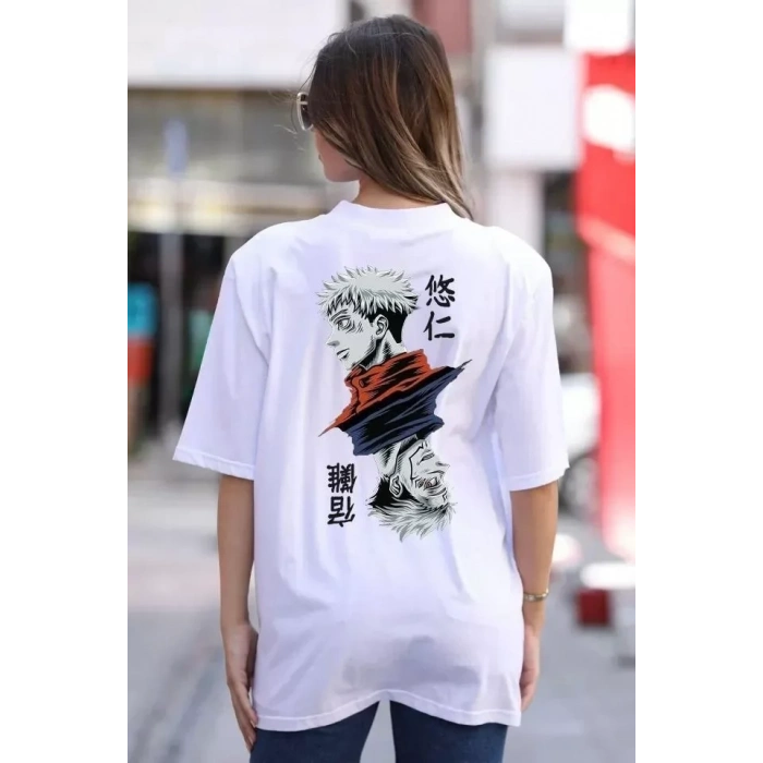 MARSiLYAN- Unisex Bisiklet Yaka Baskılı Oversize T-Shirt - Beyaz