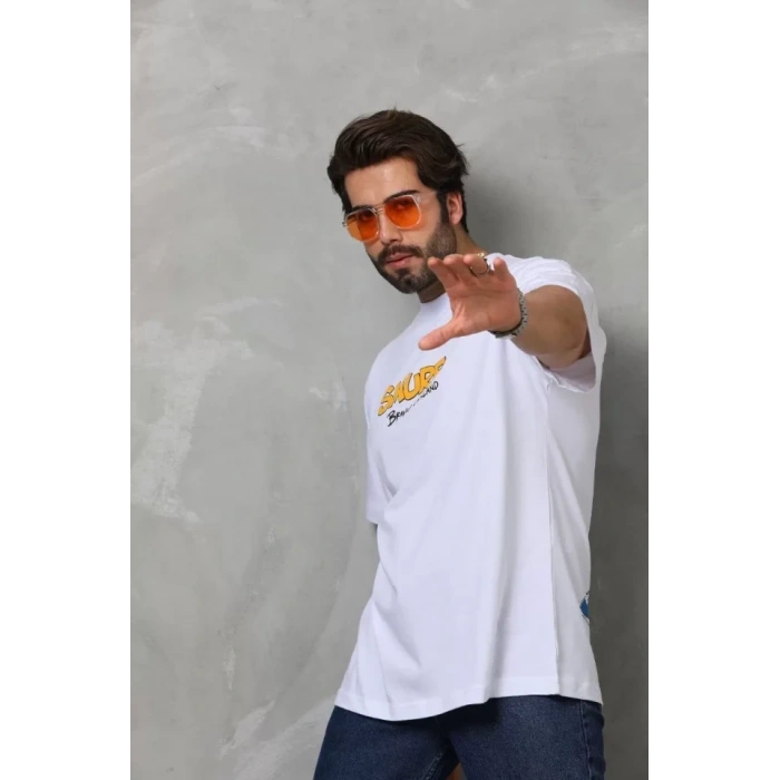 MARSiLYAN- Unisex Bisiklet Yaka Baskılı Oversize T-Shirt - Beyaz