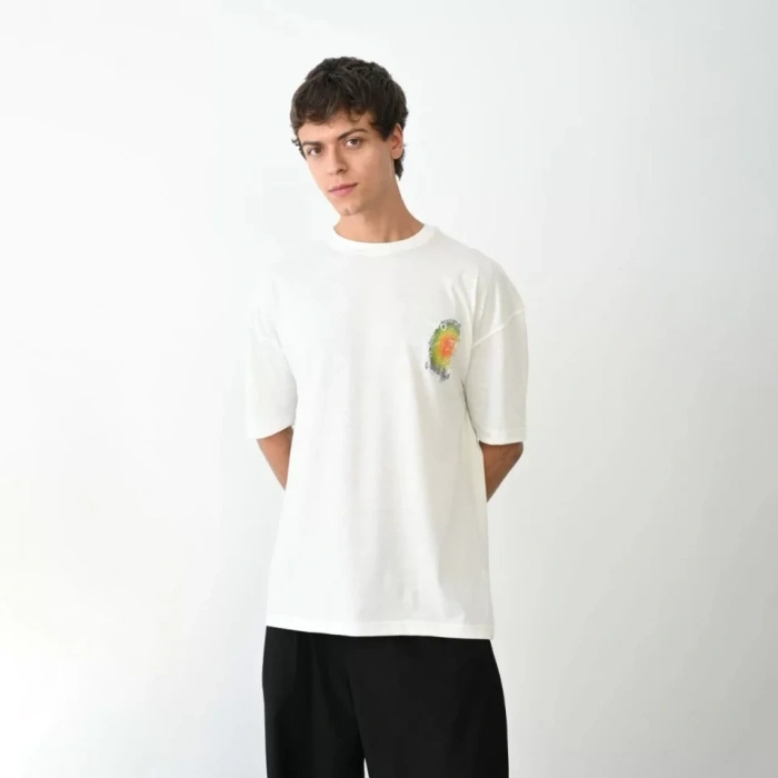 MARSiLYAN- Unisex Bisiklet Yaka Baskılı Oversize T-Shirt - Beyaz