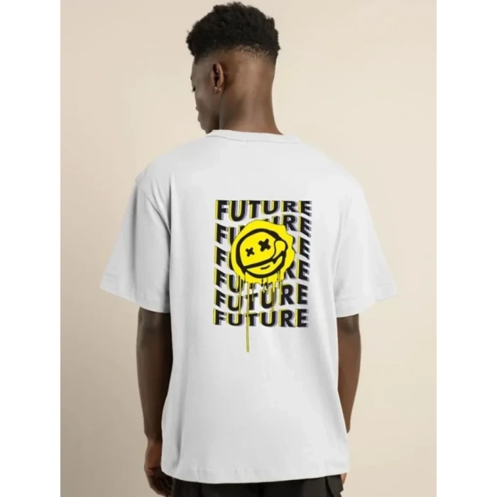 MARSiLYAN- Unisex Bisiklet Yaka Baskılı Oversize T-Shirt - Beyaz
