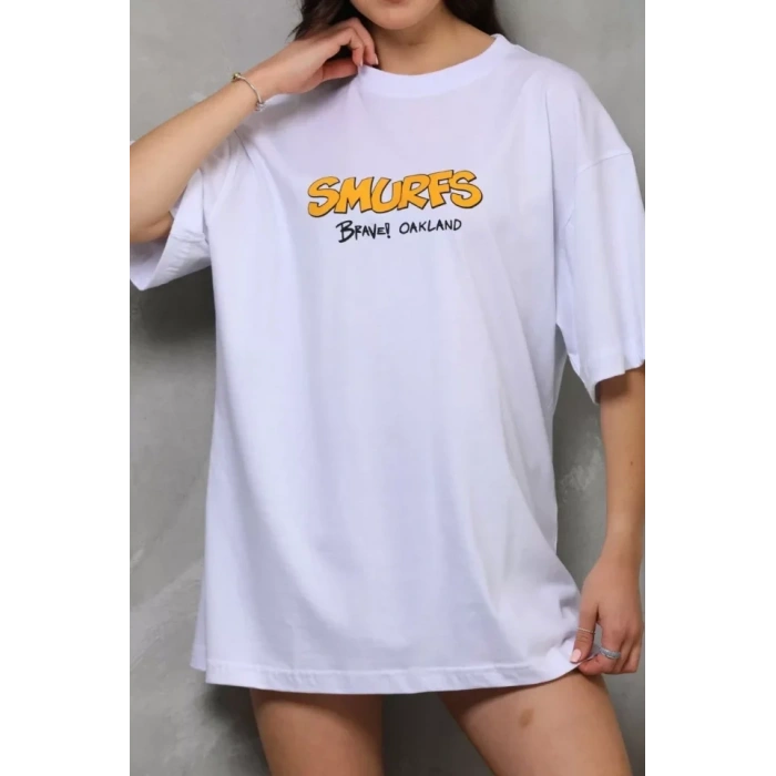 MARSiLYAN- Unisex Bisiklet Yaka Baskılı Oversize T-Shirt - Beyaz