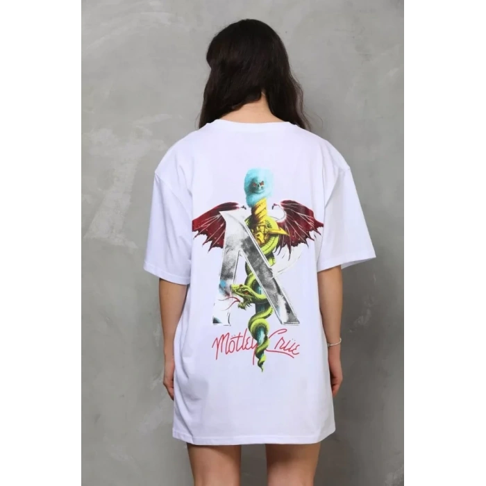 MARSiLYAN- Unisex Bisiklet Yaka Baskılı Oversize T-Shirt - Beyaz