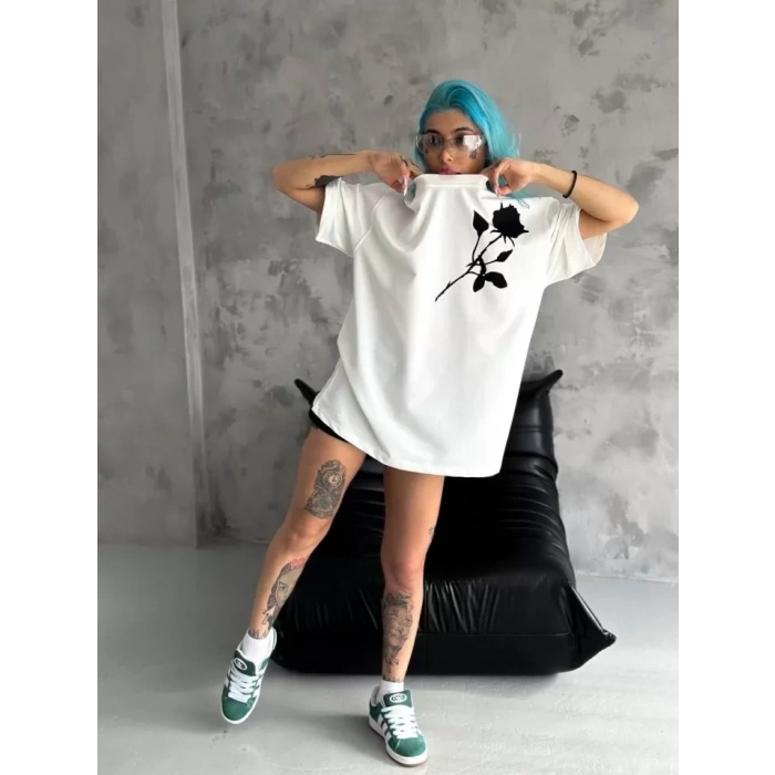 MARSiLYAN- Unisex Bisiklet Yaka Baskılı Oversize T-Shirt - Beyaz