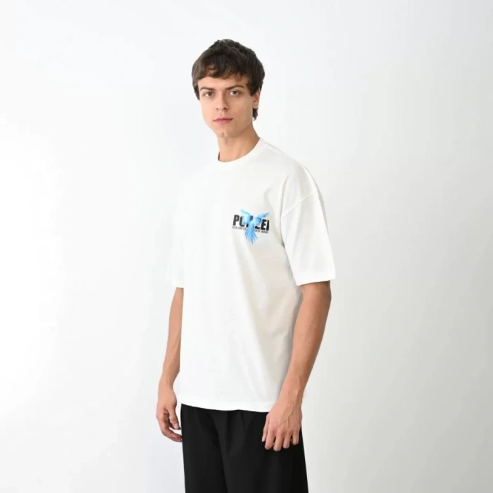 MARSiLYAN- Unisex Bisiklet Yaka Baskılı Oversize T-Shirt - Beyaz