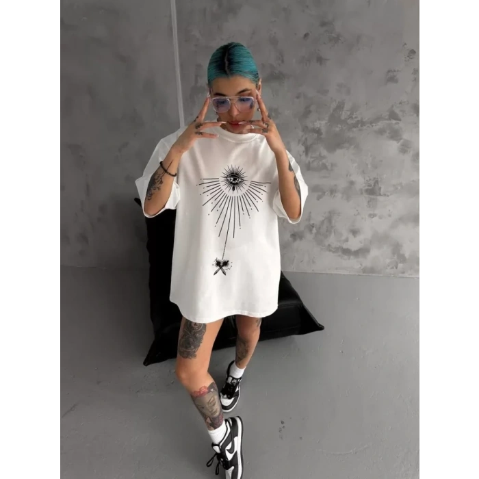 MARSiLYAN- Unisex Bisiklet Yaka Baskılı Oversize T-Shirt - Beyaz