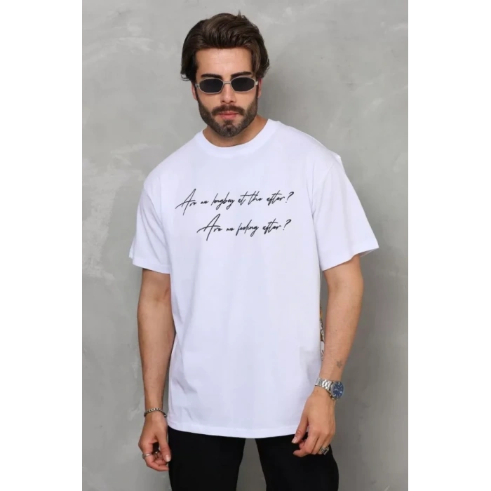 MARSiLYAN- Unisex Bisiklet Yaka Baskılı Oversize T-Shirt - Beyaz