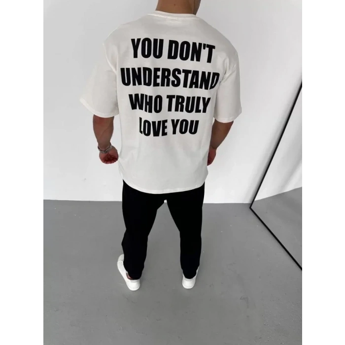 MARSiLYAN- Unisex Bisiklet Yaka Baskılı Oversize T-Shirt - Beyaz