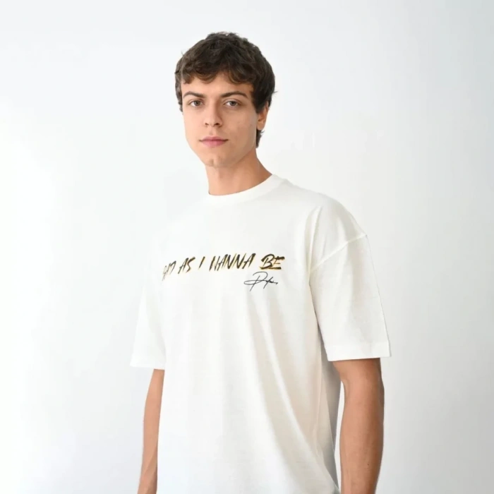 MARSiLYAN- Unisex Bisiklet Yaka Baskılı Oversize T-Shirt - Beyaz