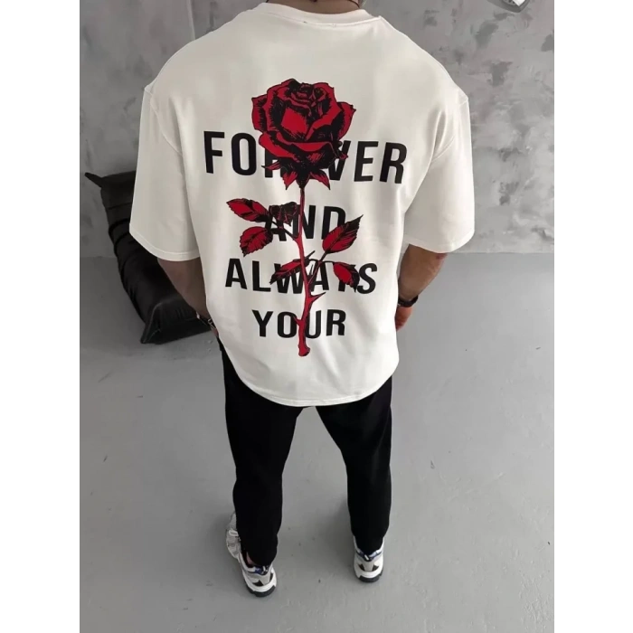 MARSiLYAN- Unisex Bisiklet Yaka Baskılı Oversize T-Shirt - Beyaz