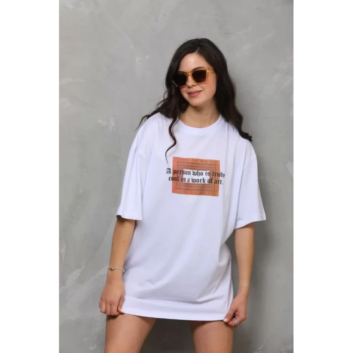 MARSiLYAN- Unisex Bisiklet Yaka Baskılı Oversize T-Shirt - Beyaz