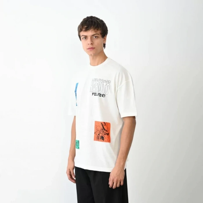 MARSiLYAN- Unisex Bisiklet Yaka Baskılı Oversize T-Shirt - Beyaz