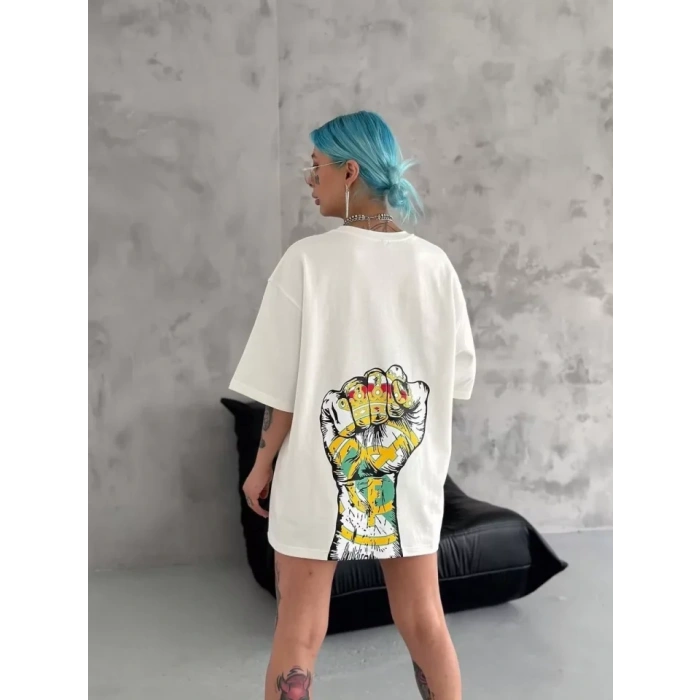 MARSiLYAN- Unisex Bisiklet Yaka Baskılı Oversize T-Shirt - Beyaz
