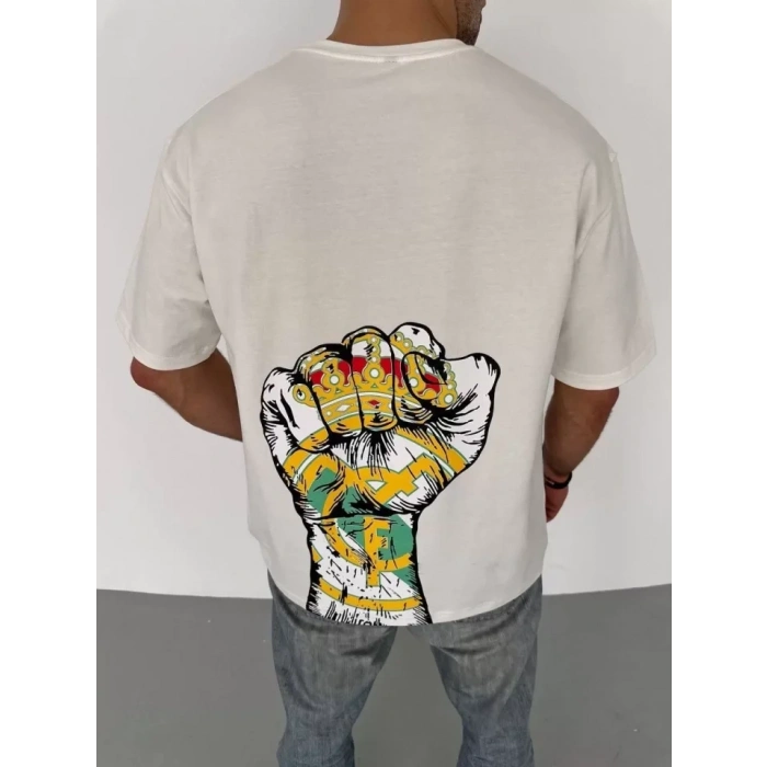 MARSiLYAN- Unisex Bisiklet Yaka Baskılı Oversize T-Shirt - Beyaz