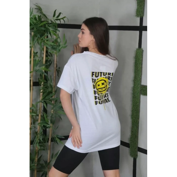 MARSiLYAN- Unisex Bisiklet Yaka Baskılı Oversize T-Shirt - Beyaz
