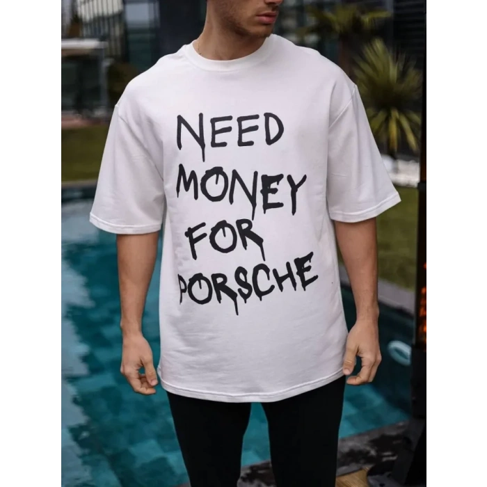 MARSiLYAN- Unisex Bisiklet Yaka Baskılı Oversize T-Shirt - Beyaz